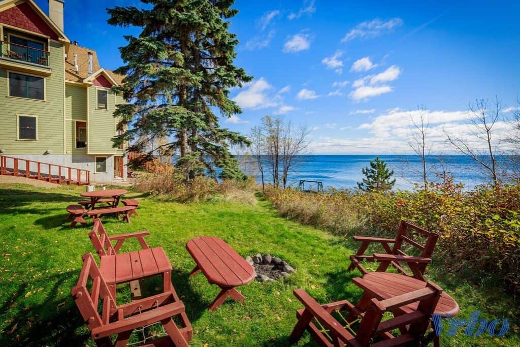 A fire pit and chairs near the Croftville Road Cottages on Lake Superior.