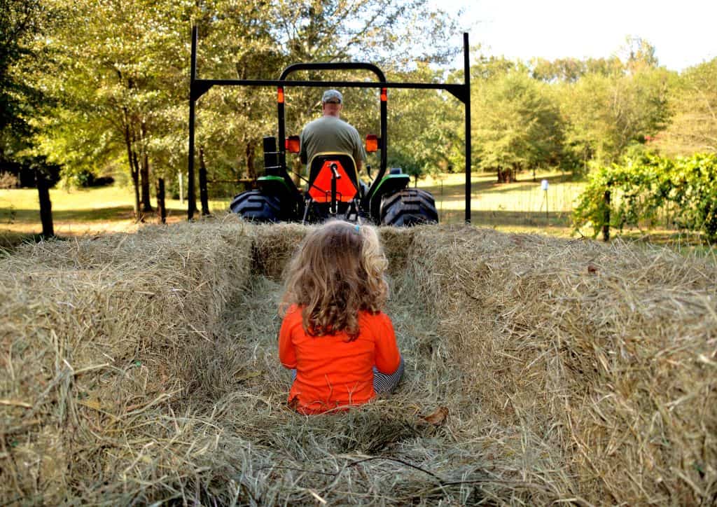 A children riding a hayride at the pumpkin patch.