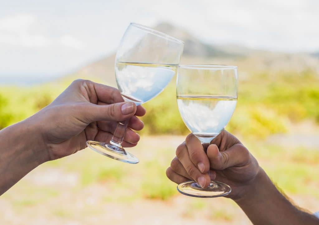 Two people cheersing their wine glasses together.