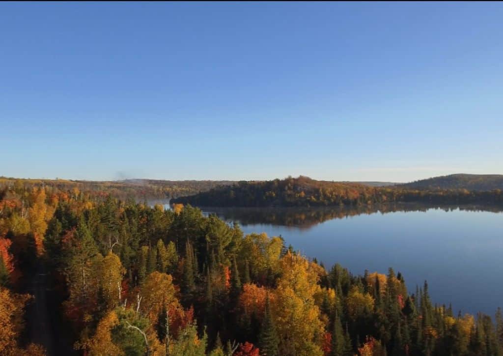 A view of a lake and trees in Minnesota with a drone.