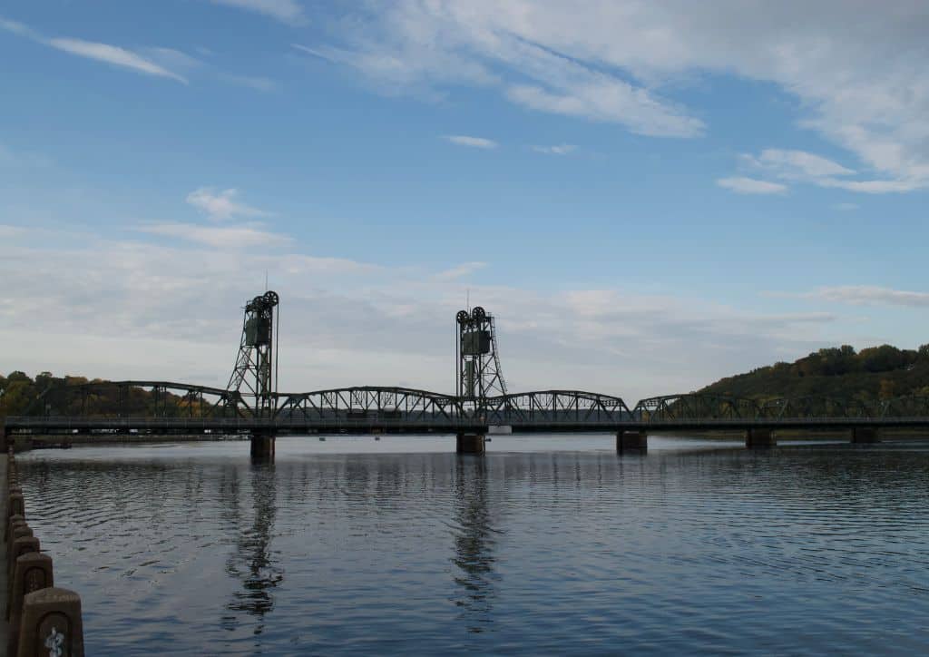 The Stillwater lift bridge as seen from land.