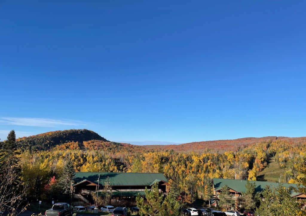 A view of Caribou Highlands Resort in the Sawtooth Mountains in fall.