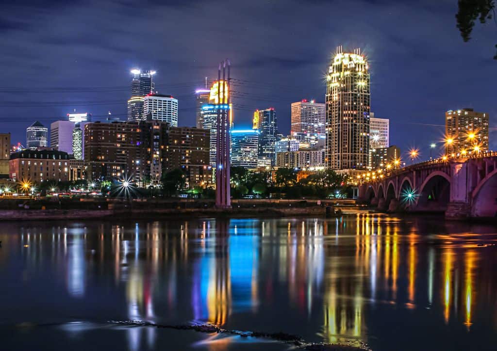 A view of Minneapolis over the Mississippi River.