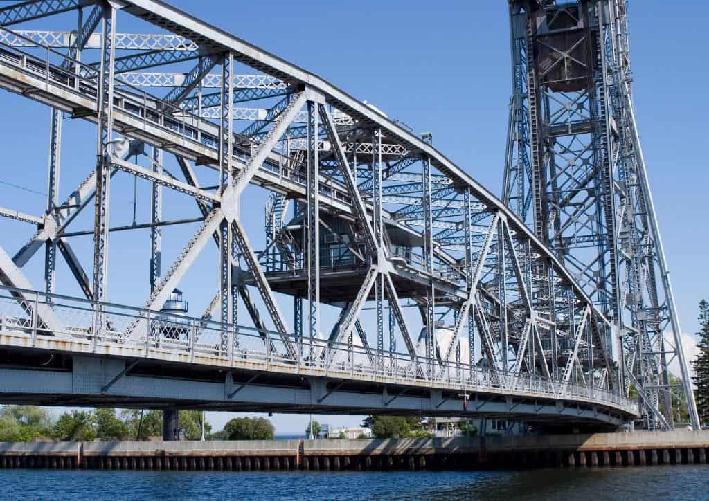 A zoomed in shot of the Aerial Lift Bridge over Lake Superior.