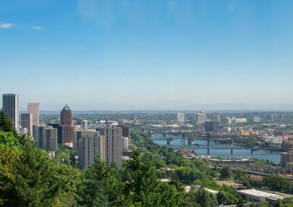 A view of the city of Portland and the Columbia River Gorge from above.