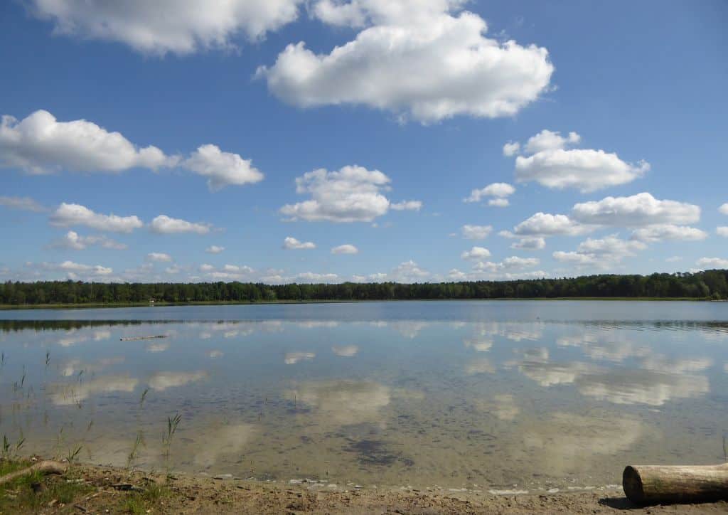 A view of a calm lake with clouds reflecting into the water.