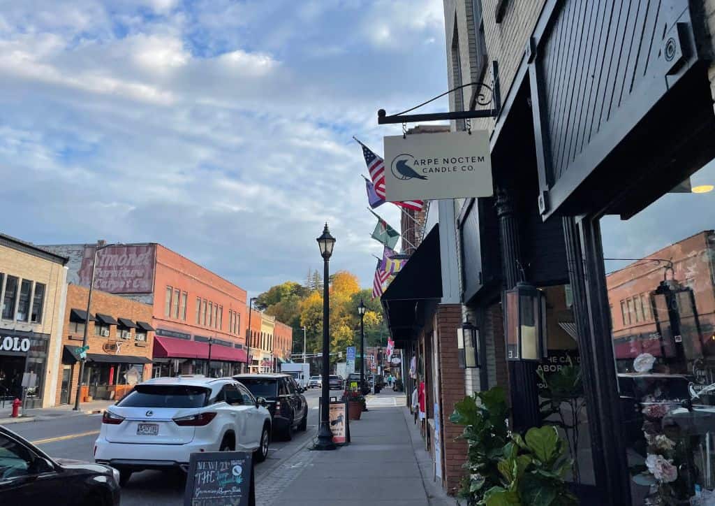 Stores lining the sides of historic Main Street in Stillwater.