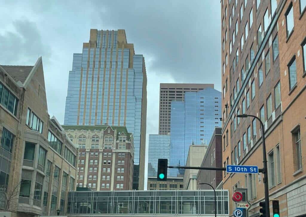 Skyscrapers towering above the road in Minneapolis and St. Paul.