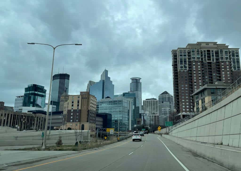 Skyscrapers in Minneapolis vs St. Paul as seen from the road.