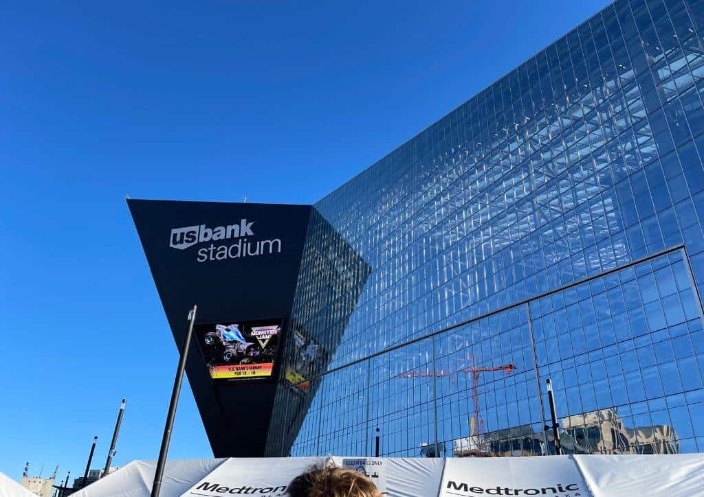 The outside of US Bank Stadium in the Downtown area of Minneapolis.