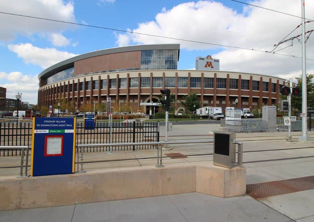 A stadium on the University of Minnesota campus near the many restaurants.