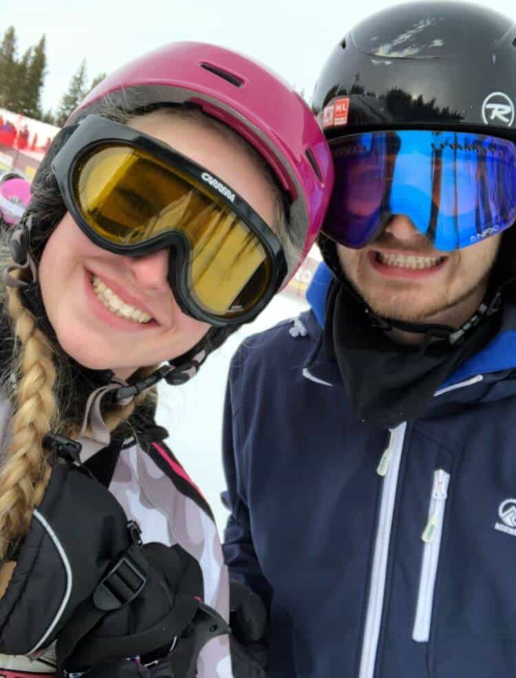 Tyler and I taking a selfie while wearing out ski goggles and helmets.