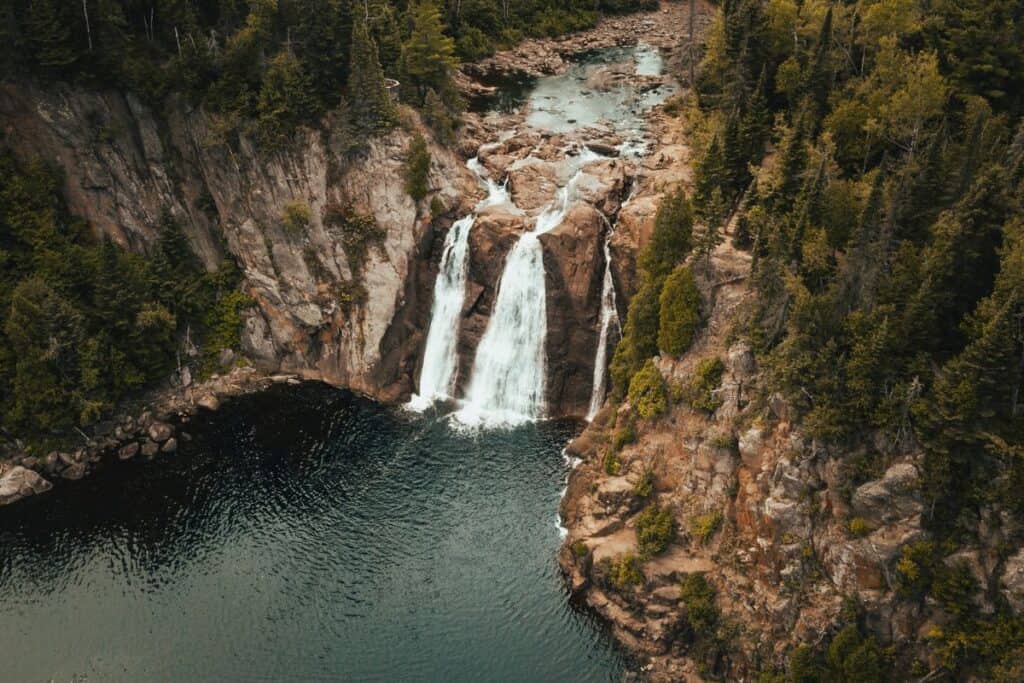 An aerial shot of High Falls at Tettegouche State Park in Minnesota.